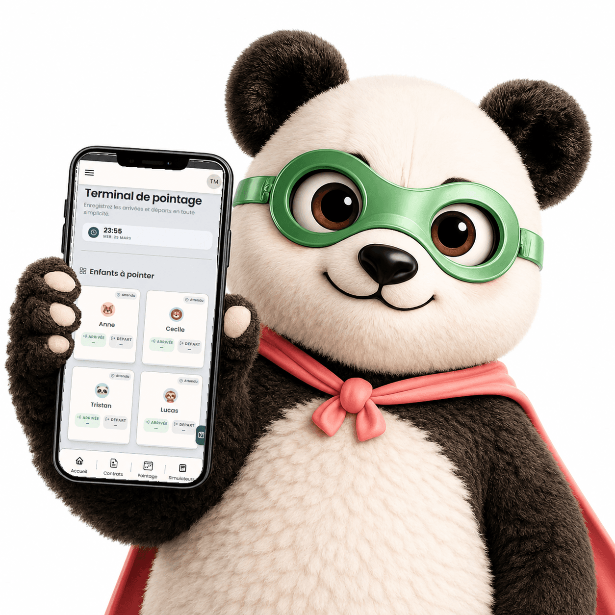 Plaque de pointage Pandi-Panda scannée avec un téléphone à l'entrée.