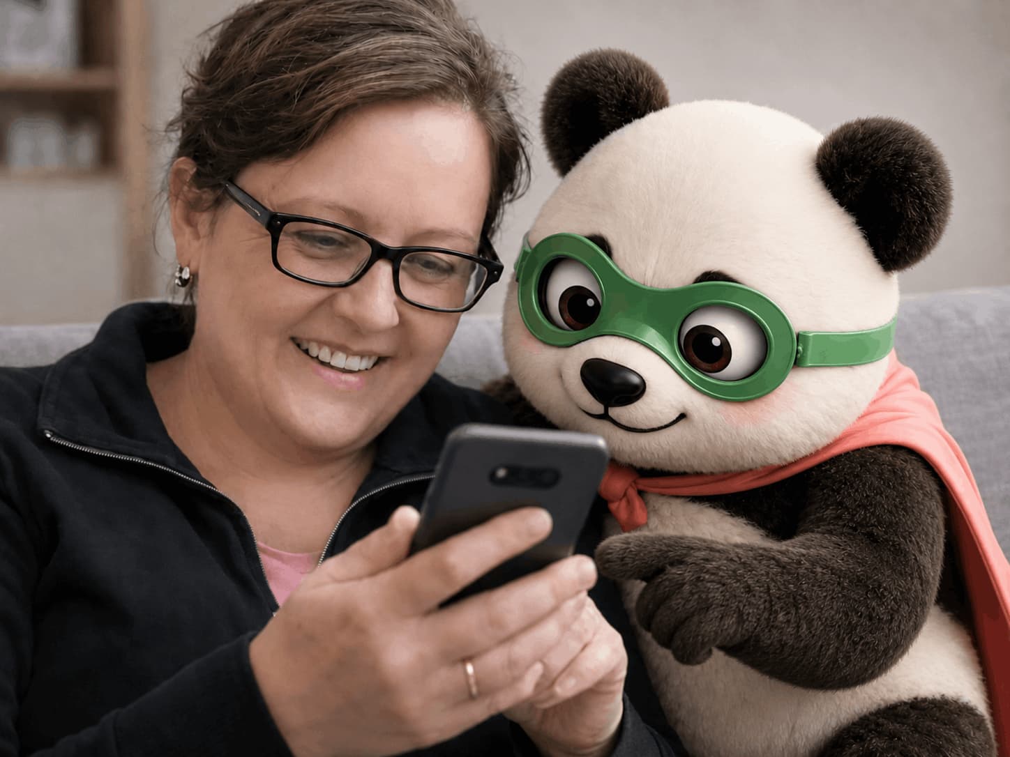 Une maman et Pandi Panda se félicitent au parc, près des enfants.